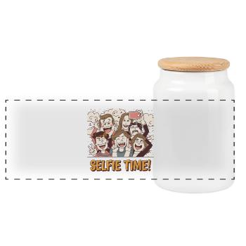 Colourful Group Selfie Illustration - Panoramic Cookie Jar with Wooden Lid - white - Front