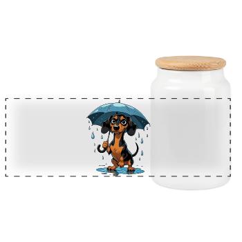 Cute dachshund with umbrella - Panoramic Cookie Jar with Wooden Lid - white - Front