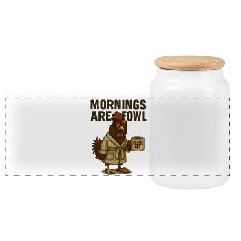 Morning grouch rooster with coffee cup - Panoramic Cookie Jar with Wooden Lid - white - Front