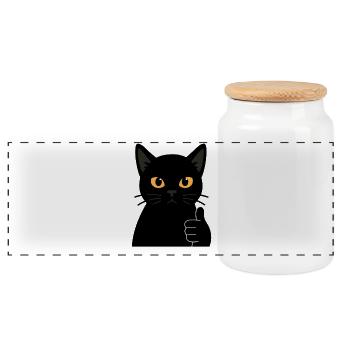 Bold Black Cat Thumbs Up Illustration - Panoramic Cookie Jar with Wooden Lid - white - Front