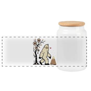 Cute Yeti with Cherry Blossoms and Volcano - Panoramic Cookie Jar with Wooden Lid - white - Front