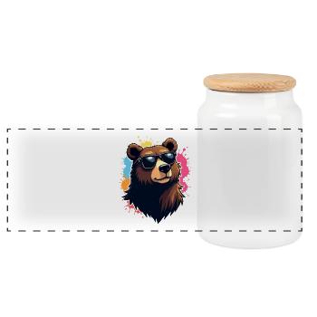 Bear with sunglasses and color explosion - Panoramic Cookie Jar with Wooden Lid - white - Front