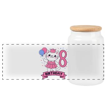 8th Birthday Girl Princess Cat 8 - Panoramic Cookie Jar with Wooden Lid - white - Front