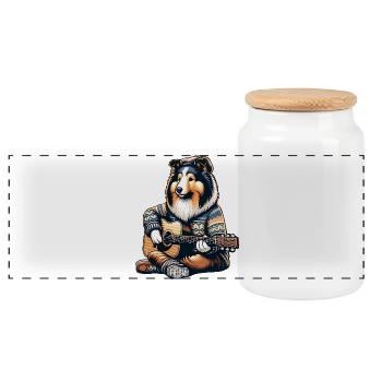 Collie Mit Akustikgitarre Im Strickpullover - Panorama Keksdose mit Holzdeckel - Weiß - Vorne