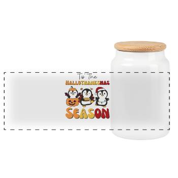 Tis' the Hallothanksmas Season Penguin - Panoramic Cookie Jar with Wooden Lid - white - Front