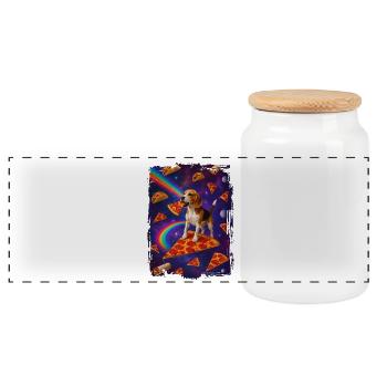 Dog on pizza in space with rainbow - Panoramic Cookie Jar with Wooden Lid - white - Front
