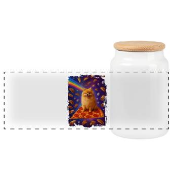 Puppy pizza with rainbow in space - Panoramic Cookie Jar with Wooden Lid - white - Front