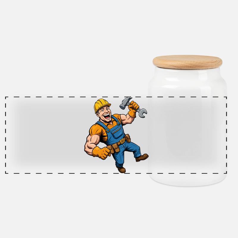 Cheerful cartoon construction worker with tools - Panoramic Cookie Jar with Wooden Lid - white