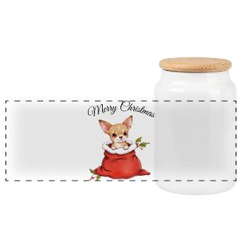 Chihuahua dans un sac cadeau – Joyeux Noël - Boîte à biscuits avec couvercle en bois - blanc - Devant