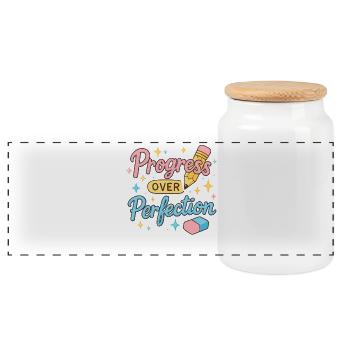 Fortschritt über Perfektion Lehrer Shirt - Panorama Keksdose mit Holzdeckel - Weiß - Vorne