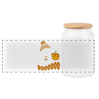 Gespenst mit Kaffee, Halloween Kostüm - Kürbis - Panorama Keksdose mit Holzdeckel - Weiß - Vorne
