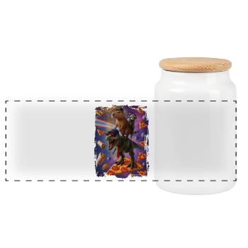Imaginative animal motif on pizza background - Panoramic Cookie Jar with Wooden Lid - white - Front