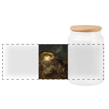 Selfie T-Rex avec OVNI - Boîte à biscuits avec couvercle en bois - blanc - Devant