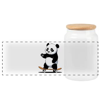 Kuschelbär Panda auf Skateboard - Panorama Keksdose mit Holzdeckel - Weiß - Vorne