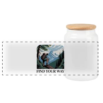 Mountain Hiker with Scenic Peaks - Panoramic Cookie Jar with Wooden Lid - white - Front