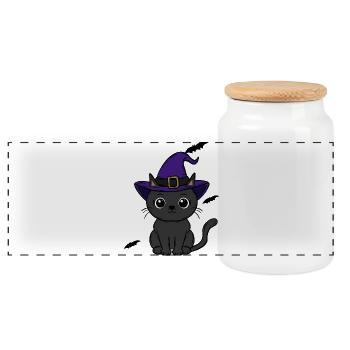 Cat Halloween - Panoramic Cookie Jar with Wooden Lid - white - Front