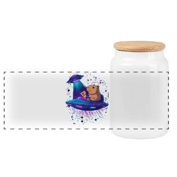 Capybara with pizza in the UFO - Panoramic Cookie Jar with Wooden Lid - white - Front