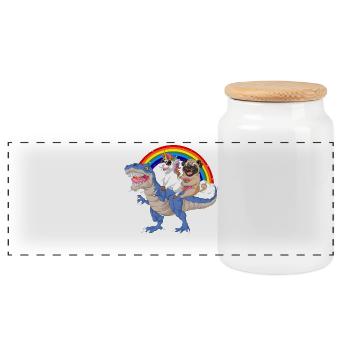 Regenbogen-Dinosaurier mit Einhorn und Mopsfahrt - Panorama Keksdose mit Holzdeckel - Weiß - Vorne