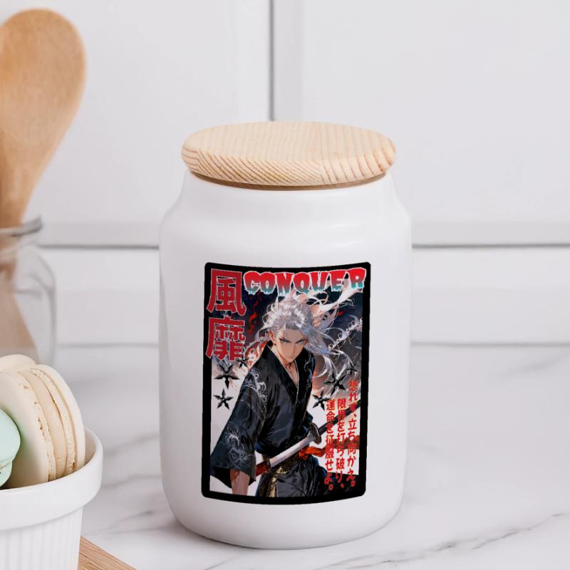 Fierce Samurai with Wind Pattern Panoramic Cookie Jar with Wooden Lid