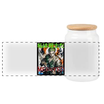 Héros d’anime avec couteau et crinière verte de cheveux - Boîte à biscuits avec couvercle en bois - blanc - Devant