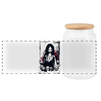 Creepy Manga Girl with Kimono and Skull - Panoramic Cookie Jar with Wooden Lid - white - Front