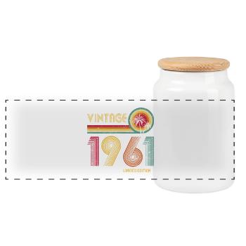 Vintage 70er Jahre Mehrfarbiges Retro-Design - Panorama Keksdose mit Holzdeckel - Weiß - Vorne