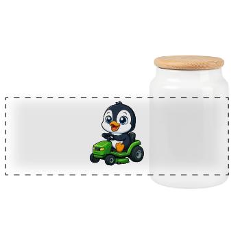 Cute Penguin Lawnmower Gardening Cartoon - Panoramic Cookie Jar with Wooden Lid - white - Front