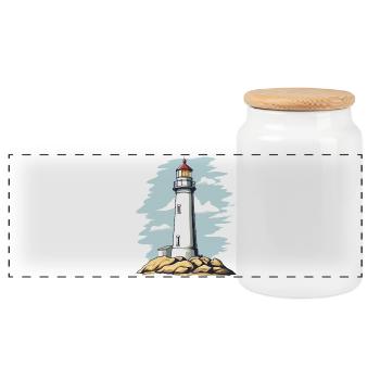 Lighthouse on the rock coastal motif - Panoramic Cookie Jar with Wooden Lid - white - Front