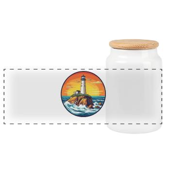 Phare au bord de la mer au coucher du soleil - Boîte à biscuits avec couvercle en bois - blanc - Devant