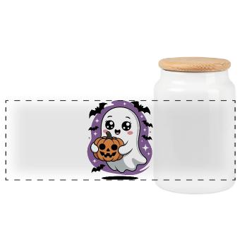 Niedliche Geister mit Kürbis Halloween Design - Panorama Keksdose mit Holzdeckel - Weiß - Vorne