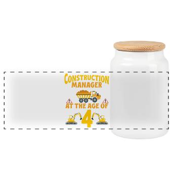 Construction Party 4th Birthday 4 Years Old truck - Panoramic Cookie Jar with Wooden Lid - white - Front