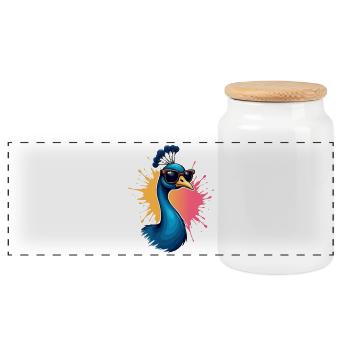 Cooler Influencer-Peacock mit Sonnenbrille - Panorama Keksdose mit Holzdeckel - Weiß - Vorne