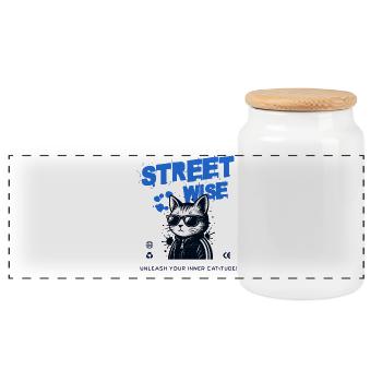 Refined Streetwear Cat - Panoramic Cookie Jar with Wooden Lid - white - Front