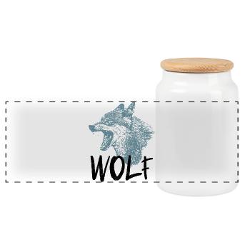 Wolfskopf in spitz zulaufender Silhouette - Panorama Keksdose mit Holzdeckel - Weiß - Vorne