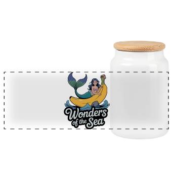 Mermaid and Banana Sea Adventure Illustration - Panoramic Cookie Jar with Wooden Lid - white - Front
