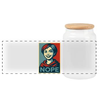 a girl and a  humorous NOPE poster message - Panoramic Cookie Jar with Wooden Lid - white - Front