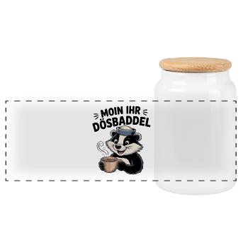 Moin your idiot North German coffee saying - Panoramic Cookie Jar with Wooden Lid - white - Front