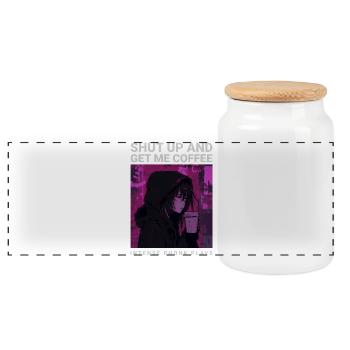 Shut Up And Get Me Coffee Anime Girl Coffee Phonk - Panoramic Cookie Jar with Wooden Lid - white - Front