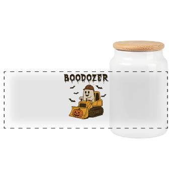 Halloween Ghost auf Bagger mit Kürbis - Panorama Keksdose mit Holzdeckel - Weiß - Vorne