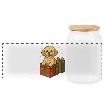 Maltipoo Weihnachten – Hund im Geschenk 🎁 - Panorama Keksdose mit Holzdeckel - Weiß - Vorne