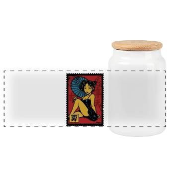 Geisha mit Sonnenschirm-Illustration - Panorama Keksdose mit Holzdeckel - Weiß - Vorne