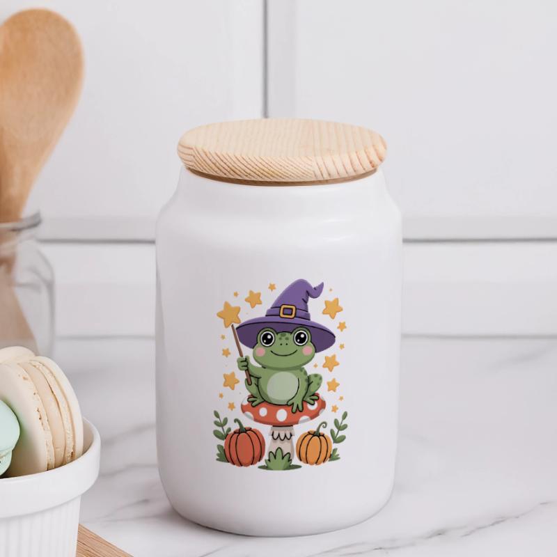 Cute witch frog on toadstool with magic wand Panoramic Cookie Jar with Wooden Lid