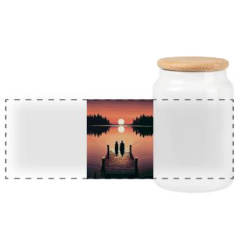 Evening atmosphere at the lake with jetty Sunset - Panoramic Cookie Jar with Wooden Lid - white - Front