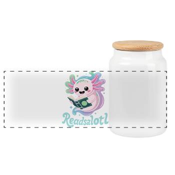 Readsalotl Axolotl Reading Books - Panoramic Cookie Jar with Wooden Lid - white - Front