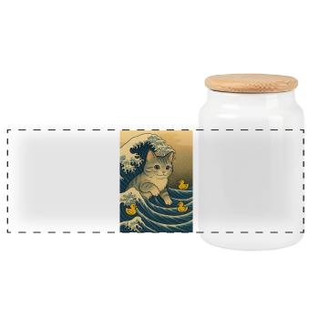 Cats in the sea of waves with ducks - Panoramic Cookie Jar with Wooden Lid - white - Front