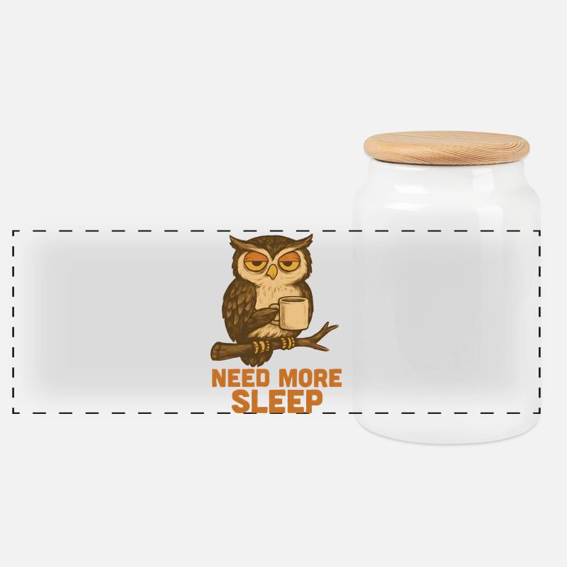  Need More Sleep – Lustige Eule - Panorama Keksdose mit Holzdeckel - Weiß