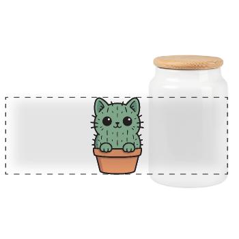 Cute Cactus Kitten Design - Panoramic Cookie Jar with Wooden Lid - white - Front