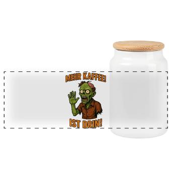 Humorvoller Zombie mit Kaffeegeste - Panorama Keksdose mit Holzdeckel - Weiß - Vorne