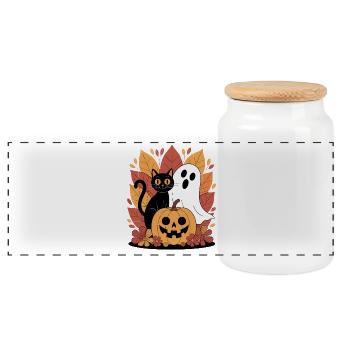 Geist Kürbis Katze Niedliches Halloween Herbst - Panorama Keksdose mit Holzdeckel - Weiß - Vorne
