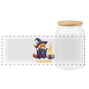 Red Panda Magician – Sorcerer Cartoon - Panoramic Cookie Jar with Wooden Lid - white - Front